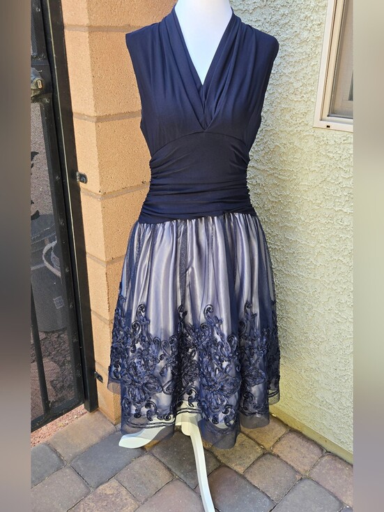 SLNY Dresses & Skirts - SLNY Navy Blue Embroidered A-Line Dress